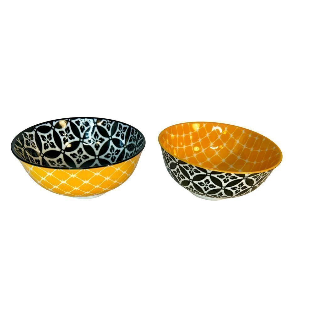 2 Dowan Ceramic Soup Bowls Golden Yellow, White & Black Contrasting Patterns
